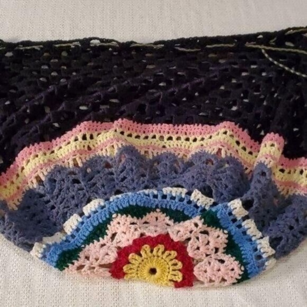 Vintage Hand Knitted Hand Crafted Unique Colorful Hippie Laundry Cinched Bag